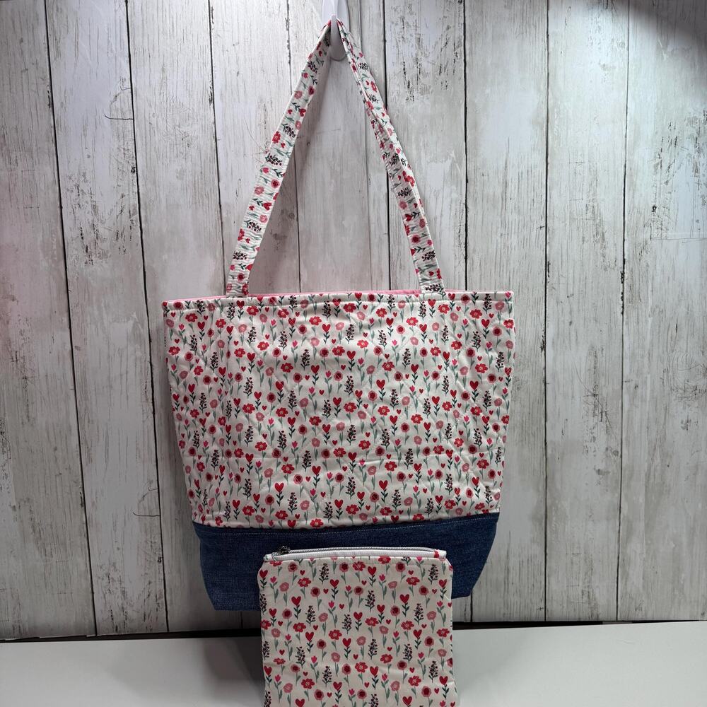 Quilted Floral and Hearts Tote Bag Denim Accent : Matching Zipper Pouch Included